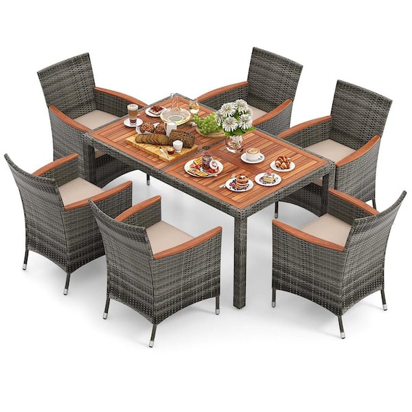 Costway 7-Piece Acacia Wood Rectangle 29 in Outdoor Dining Set with Cushion Beige