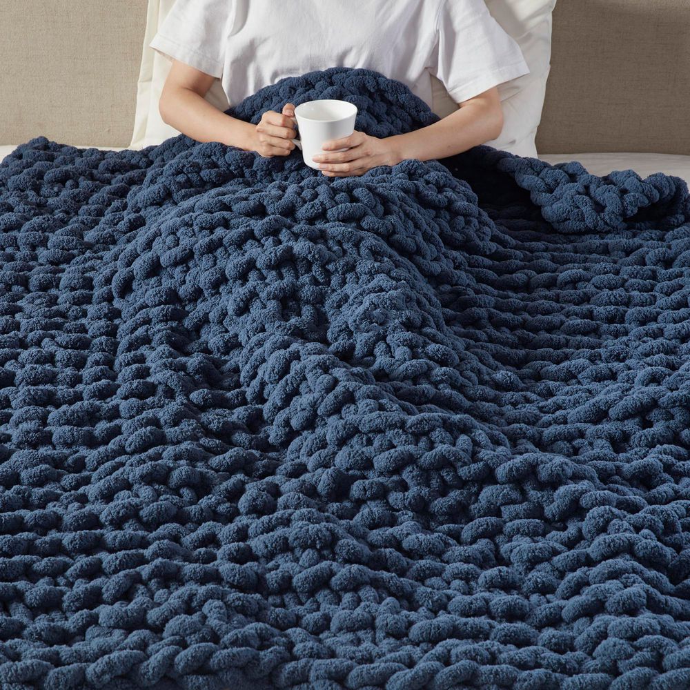 Madison Park Chenille Chunky Knit Navy Blue Polyester Throw