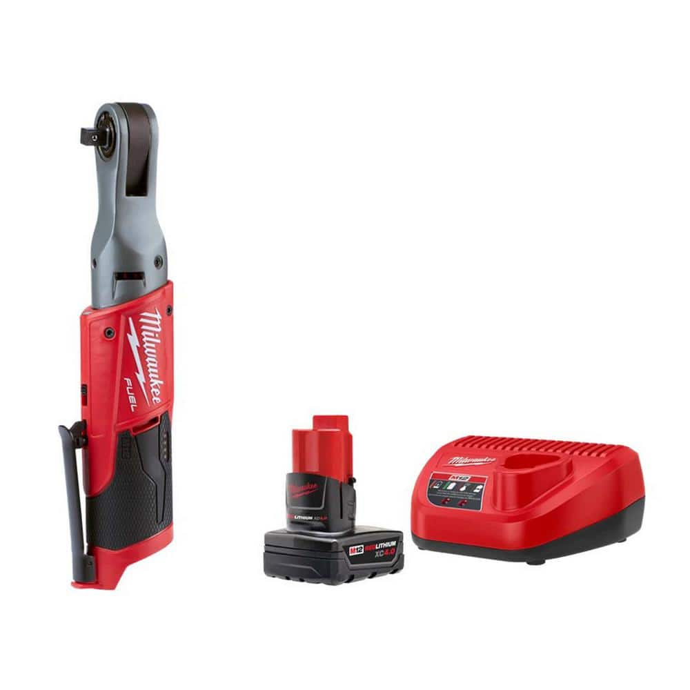 Milwaukee M12 FUEL 12V Lithium-Ion Brushless 3/8 in. Cordless Ratchet with XC Battery Pack 4.0 Ah and Charger Starter Kit