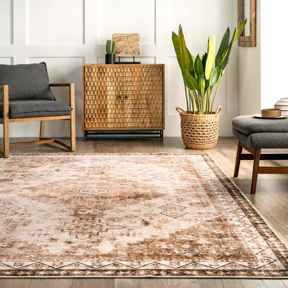 Jessamine Beige Geometric Washable Synthetic Area Rug