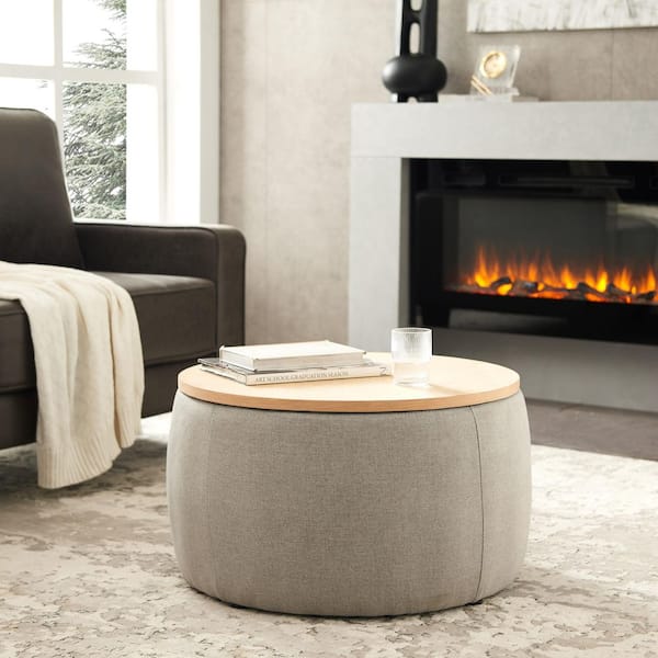 Noble House Monroe Light Grey Modern Upholstered Linen Round Storage Ottoman, MDF