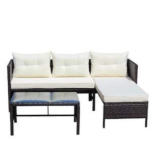 3 Pcs Wicker Ratten Patio Outdoor Conversation Sofa Sectional Set with Beige Cushions
