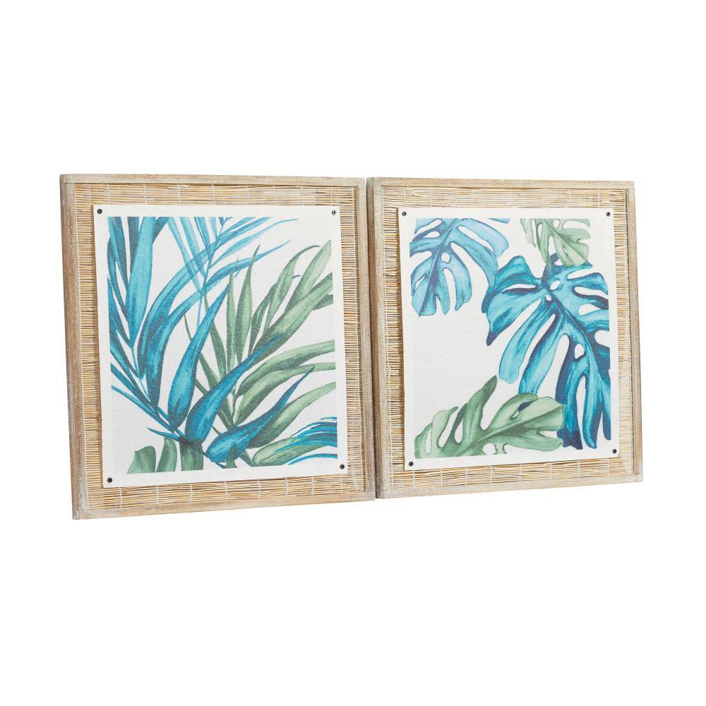 Blue and Green Abstract Leaf Wall Art with Brown Wood Frame, Set of 2