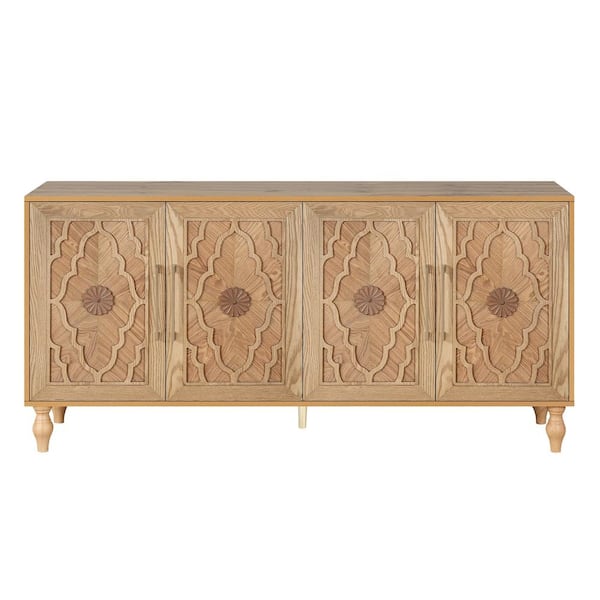COWLOWN 62.99 in. W x 15.75 in. D x 32.00 in. H Natural Brown Linen Cabinet with 4 Doors and Metal Handle