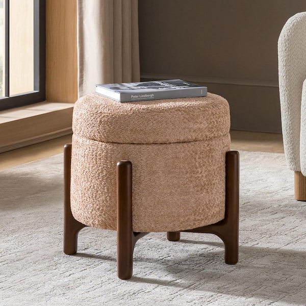 Sonder Sand Chenille Round Ottoman with Solid Wood Base