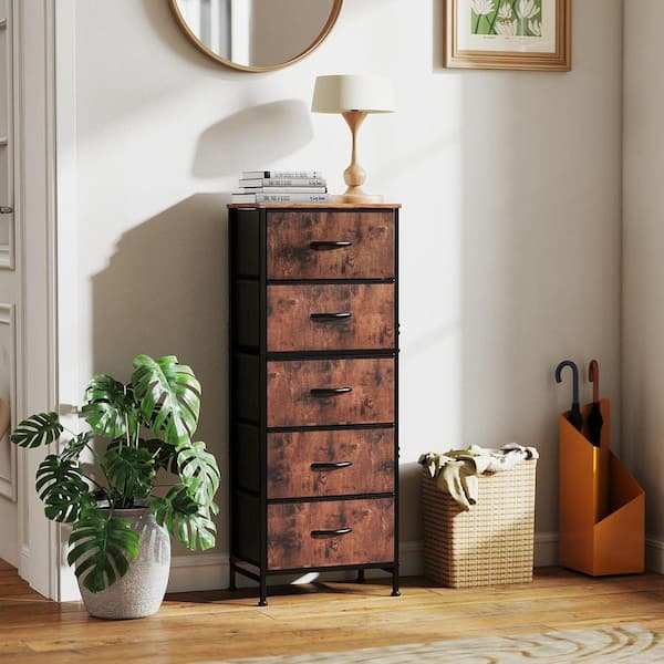 WONDER COMFORT Classical Rust Brown 5 Drawer 11.8 in. Wide Chest of Drawers with Wood Top Organizer & Removable Fabric Bins
