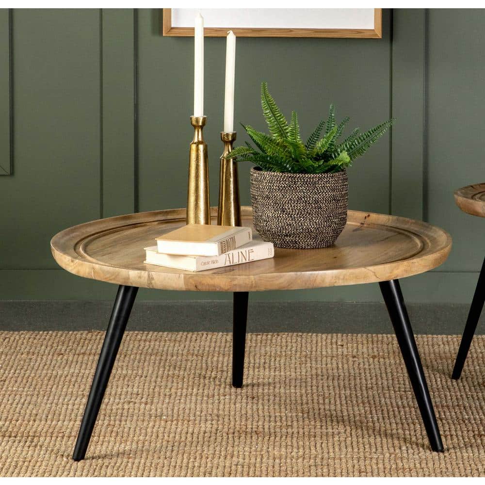 Elegant Trio-Legged Round Mango Wood Coffee Table in Natural & Black