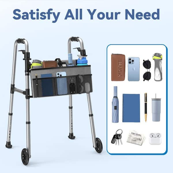 Wudkey Adjustable Height Folding Walker with Basket and Glide Skis
