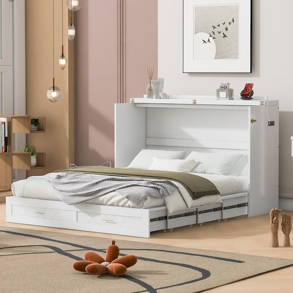Harper & Bright Designs White Wood Frame Queen Size Pulley Structure Murphy Bed with Sockets, USB Ports and Drawer