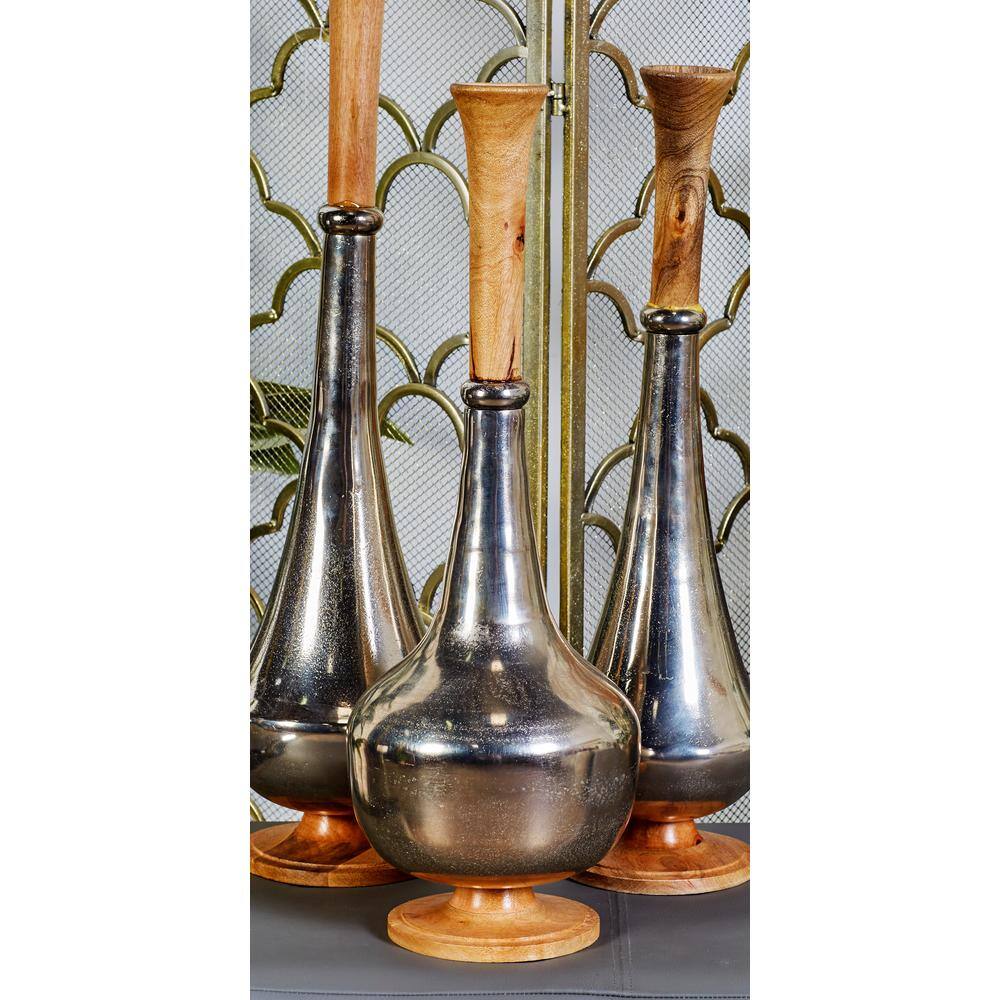 Tall Silver and Wood Floor Vase with Slender Neck