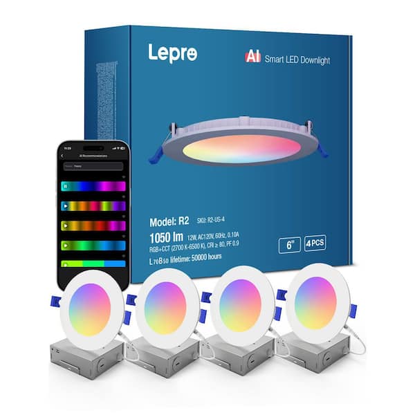 AI Smart 6 In. RGB and CCT Canless Downlight, Slim Integrated LED Recessed Light Trim 12W, APP and Voice Control, 4-Pack