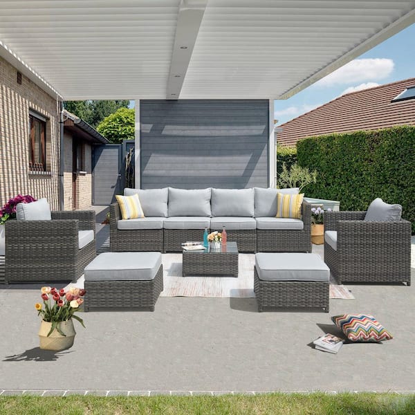 XIZZI Harper Gray 9-Piece Wicker Outdoor Sectional Set with Gray Cushion
