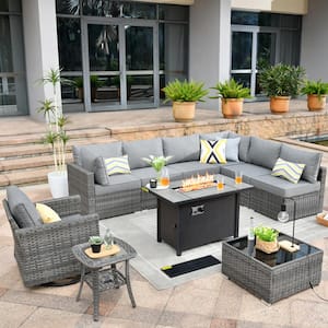 Messi Gray 10-Piece Wicker Outdoor Patio Conversation Sectional Sofa Set with a Metal Fire Pit and Dark Gray Cushions
