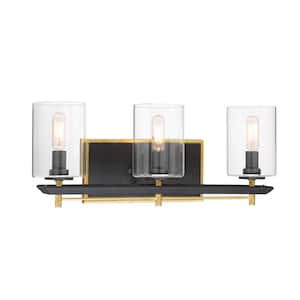 Sable Point 20 in. 3-Light Sand Black Vanity Light with Honey Gold Accents and Clear Glass Shades
