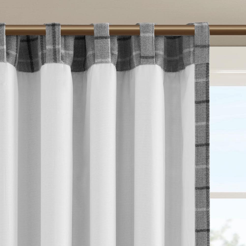 Gray Plaid Light-Filtering Polyester Curtain Panel with Fleece Lining