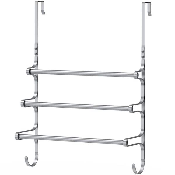 Wudkey 17.32 in. L 3-Bar Over The Door Towel Rack in Silver Gray, Triple Towel Storage Holder with Hooks for Bathroom