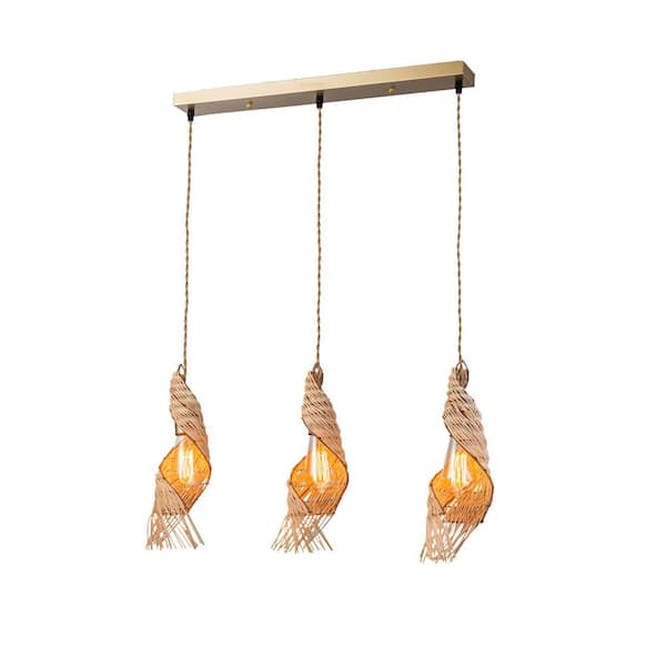Dena 60-W 3 Light Brushed Brass Rattan Kitchen Island Pendant Light Modern Coastal Linear No Bulbs Included