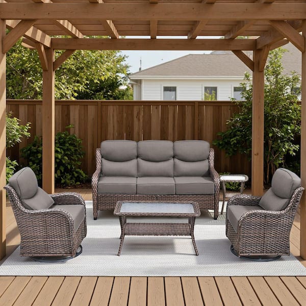 Arcadia Brown 5-Piece Wicker Patio Conversation Set with Coffee Table and 6 in. Thick Olefin Gray Cushions