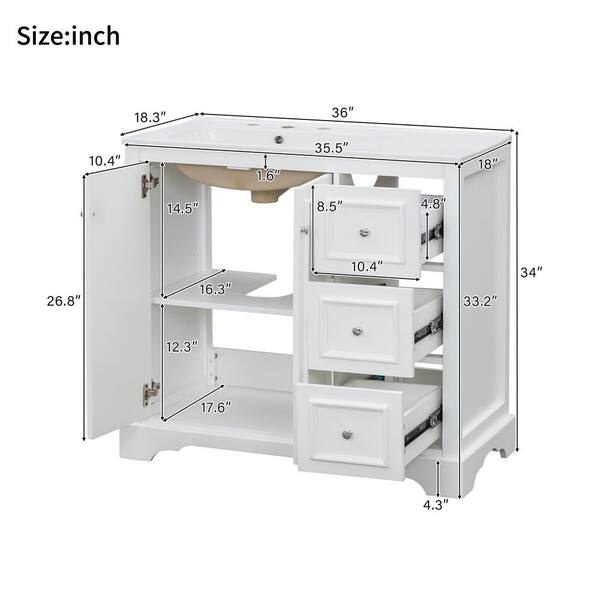 Ziyudura 36 in. Single Sink Freestanding White Bath Vanity with Ziyudura 36 in. Single Sink Freestanding White Bath Vanity with