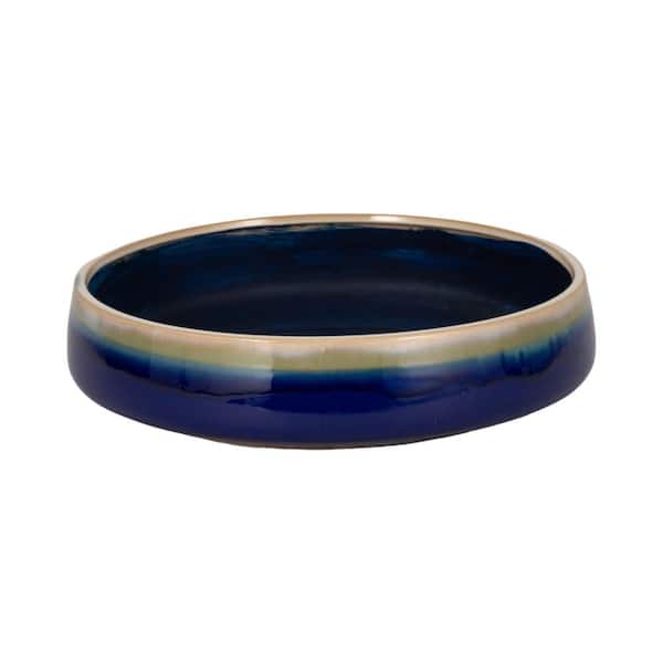 Blue Ceramic Round Succulent Low-Profile Decorative Planter (15 in. W x 4 in. H)
