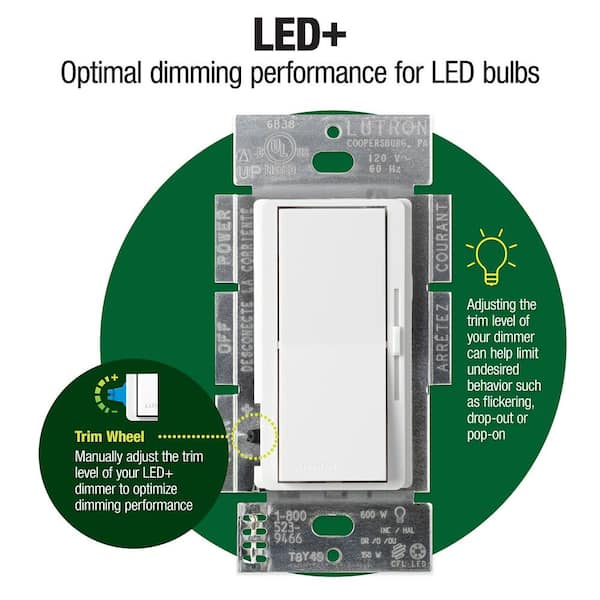 Diva LED+ Dimmer Switch for Dimmable LED and Incandescent Bulbs, 150-Watt/Single-Pole or 3-Way, White (DVCL-153PR-WH)