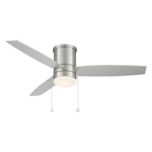 Atlantis 52 in. Integrated LED Indoor and Outdoor 3-Blade Pull Chain Flush Mount Ceiling Fan Brushed Nickel with 3000K
