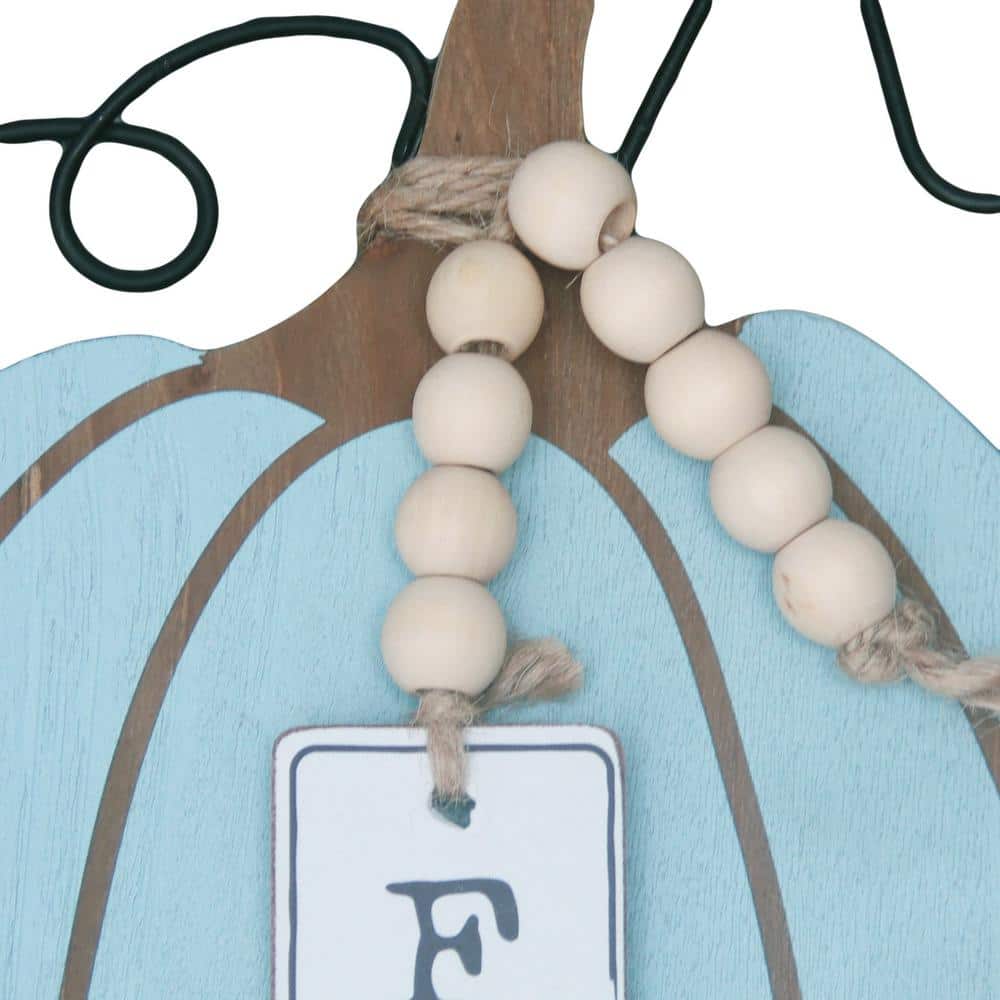 Blue Wood Pumpkin Figurine with Bead Accent for Fall Decor
