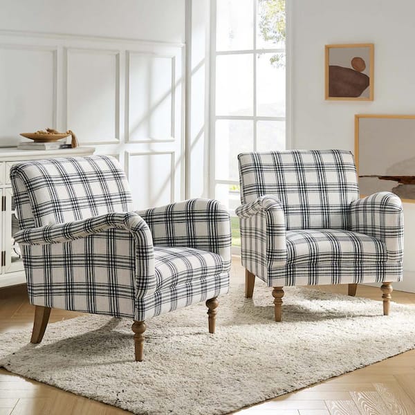 Mandan Black Contemporary and Classic Upholstered Plaid Pattern Accent Armchair with Turned Solid Wood Legs Set of 2