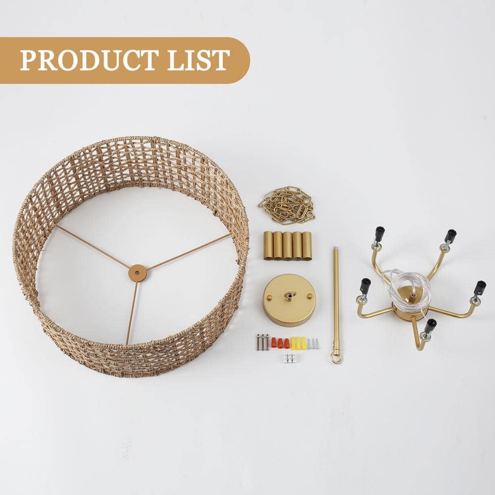 Gold and Rattan Drum Chandelier with Woven Shade
