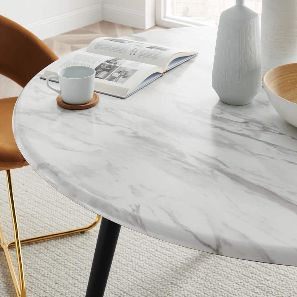 Gallant 50" Round White Marble Dining Table with Black Rubberwood Legs