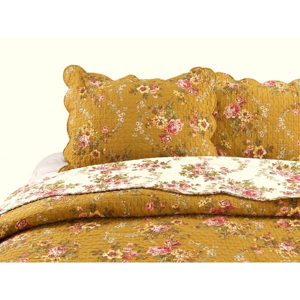 Cozy Line Home Fashions Vintage Floral Blooms Chintz 3 Piece Mustard Yellow Pink Camellia Garden Cotton Queen Quilt Bedding Set Bb20170523q The Home Depot