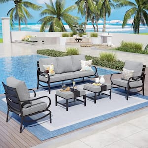 Black 5-Piece Metal Slatted 7-Seat Outdoor Patio Conversation Set with Gray Cushions and 2 Ottomans