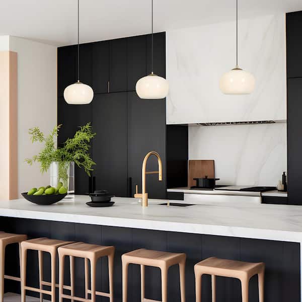 9.4 in. Minimalist Modern Opal Glass Pendant, 1-Light Gold and White Hanging Light for Kitchen Island or Dining Room