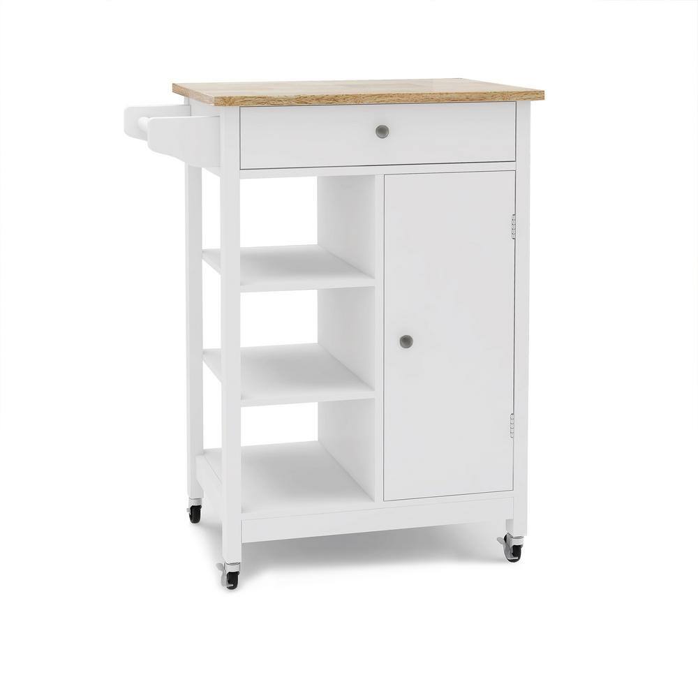 White Wood 22.4 in. Kitchen Island with towel rack rubber wood table top