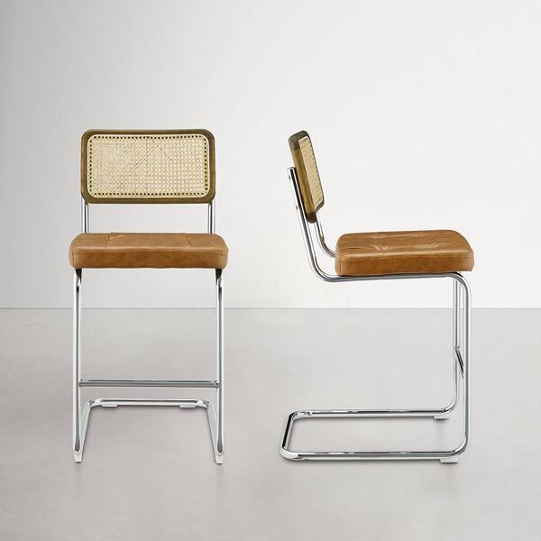 Art Leon SIASY 39.76 in. Height Brown Faux Leather Counter Barstools with Woven Rattan Backrest and Metal Frame (Set of 2)