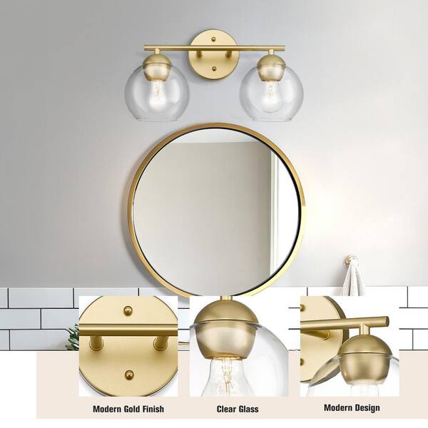 JAZAVA 15 in. 2-Light Gold Bathroom Light Fixtures Over Mirror