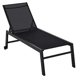 Black 5-Position Backrest Metal Outdoor Lounge Chair with 2 Wheels