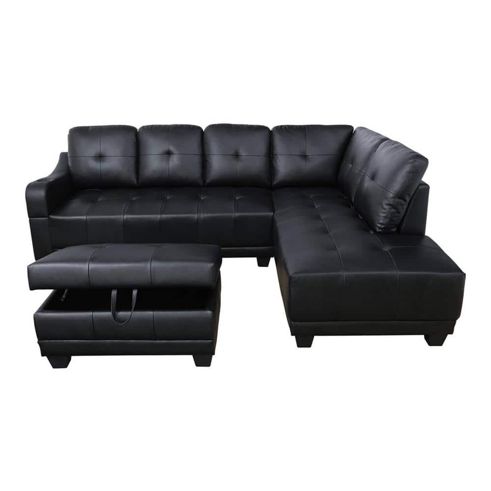 Star Home Living Mike 3-Piece Black Faux Leather 3-Seater L-Shaped ...