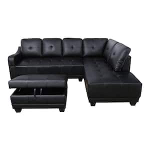 Mike 90 in. Slope Arm 3-Piece Faux Leather L-Shaped Sectional Sofa in Black