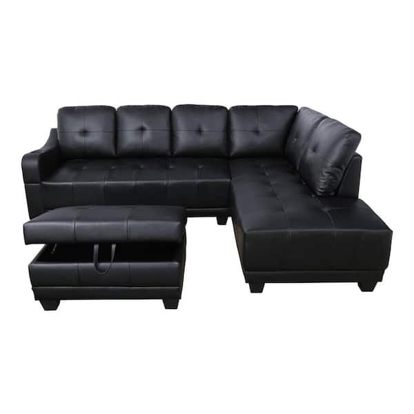 Star Home Living Mike 90 in. Slope Arm 3-Piece Faux Leather L-Shaped Sectional Sofa in Black