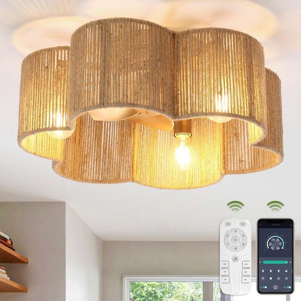 21 in. Indoor Antique Gold Flush Mount Caged Boho Rattan Ceiling Fan with Light, DC Motor and Remote/App Control