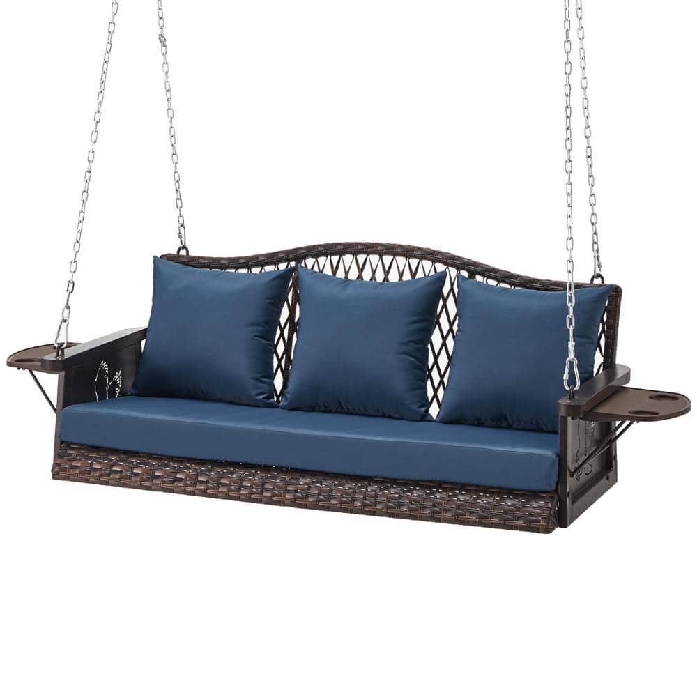 3-Person Brown Wicker Porch Swing with Blue Cushions and 8.9 ft. Hanging Ch