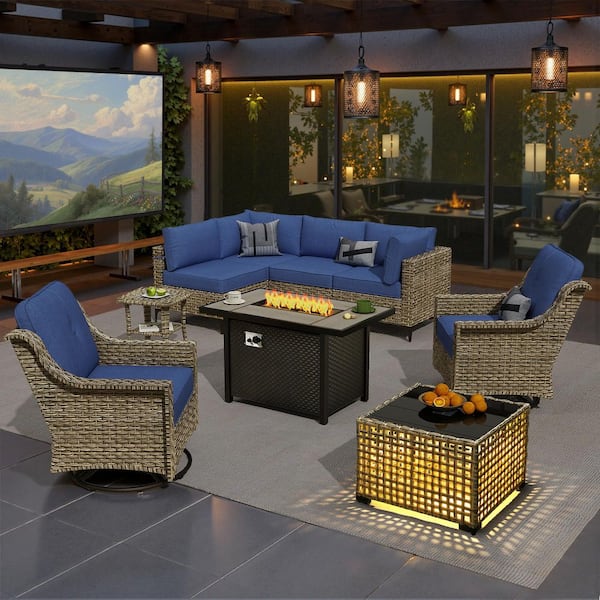 Holly Gray 9-Piece Wicker Rectangle Fire Pit Patio Conversation Set with Navy Blue Cushions and Swivel Chairs