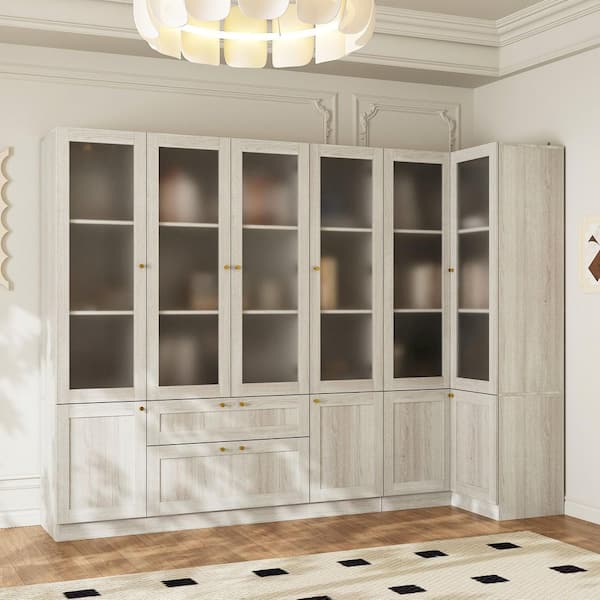 FUFU&GAGA 70.9 in. Tall 11-Shelf Gray Wood Grain Standard Bookcase Corner Bookshelf with Adjustable Shelves, Frosted Glass Doors