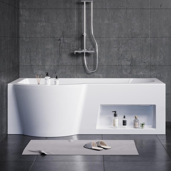 66 in. x 33 in. White Freestanding Acrylic Soaking Tub with Right Drain and Integrated Storage Cabinet in White