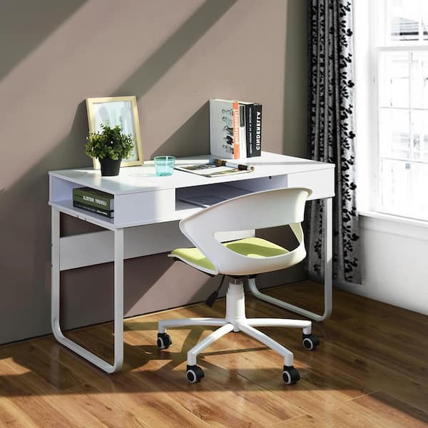 Homy Casa Wire 43.3 in. Rectangular White Writing Desk with 3 Storage Cubes