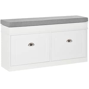 23.75 in. H x 41 in. W 8-Pair White Wood Shoe Storage Bench with Cushion, 2-Drawers, Adjustable Shelf