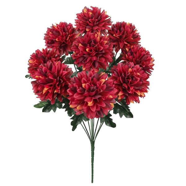 LIVING LUXURY 22 in. Red Burgundy Artificial Ball Mum Pom Pom Flower Stem Bush Bouquet (Set of 2)