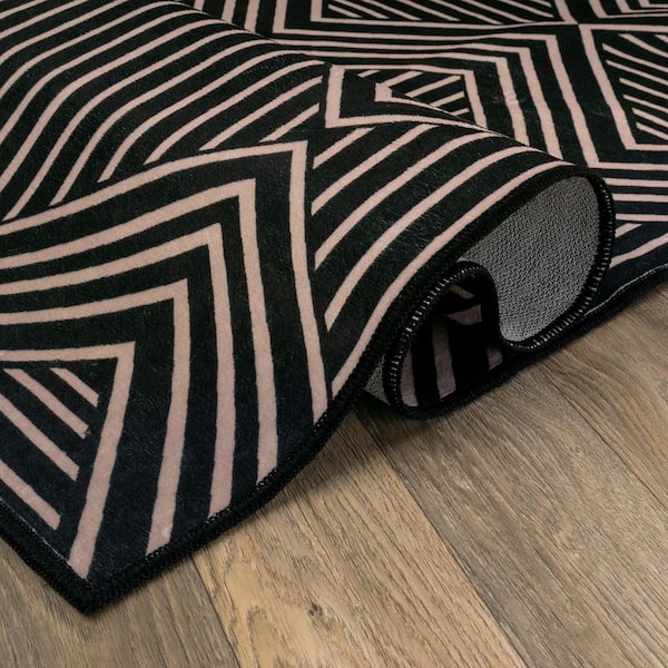 Chevron Diamond Machine Washable Polyester Non-Slip Backing 8 ft. x 10 ft. Black Area Rug