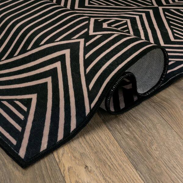 Chevron Diamond Machine Washable Polyester Non-Slip Backing 9 ft. x 12 ft. Black Area Rug